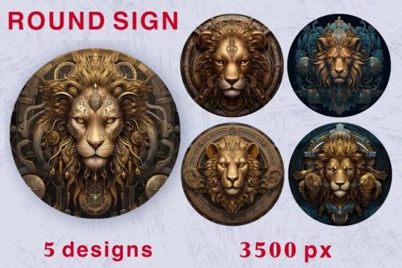 Lion Steampunk 3D Round Sign PNG
